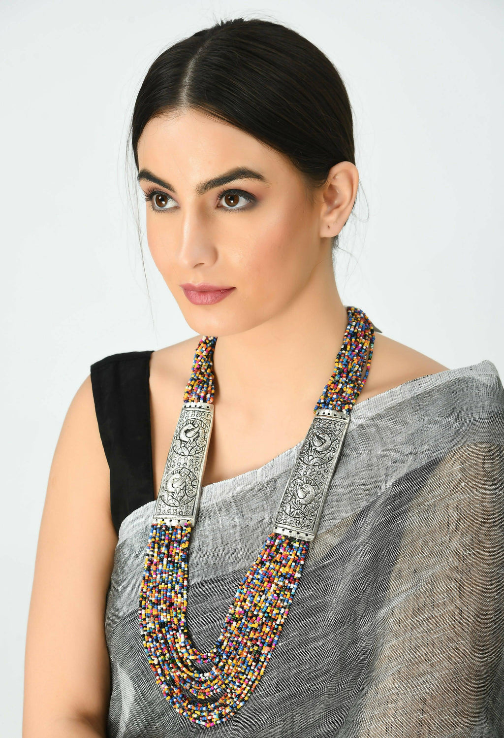 Oxidised Multi Bead Long Statement Necklace for Ethnic Fusion