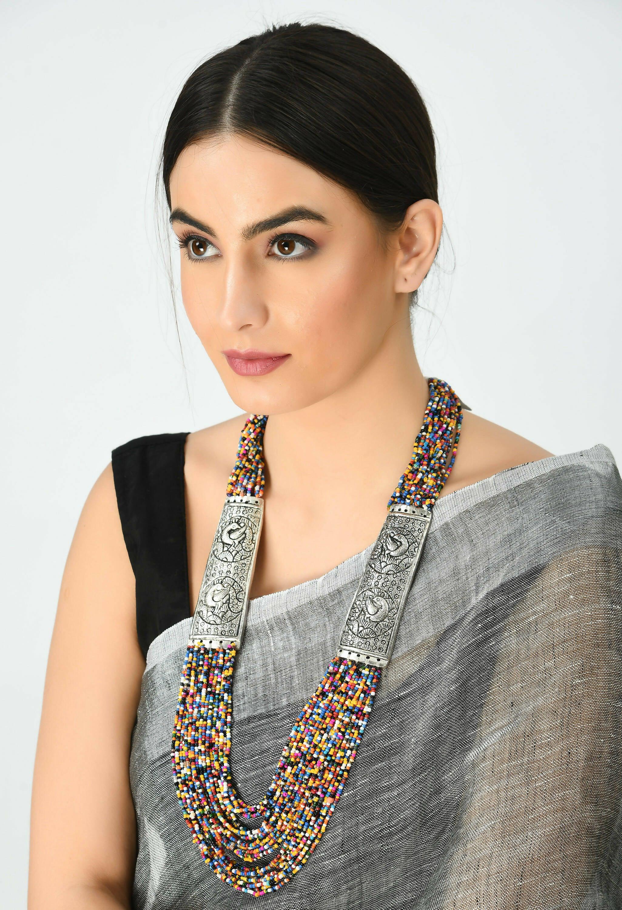 Oxidised Multi Bead Long Statement Necklace for Ethnic Fusion