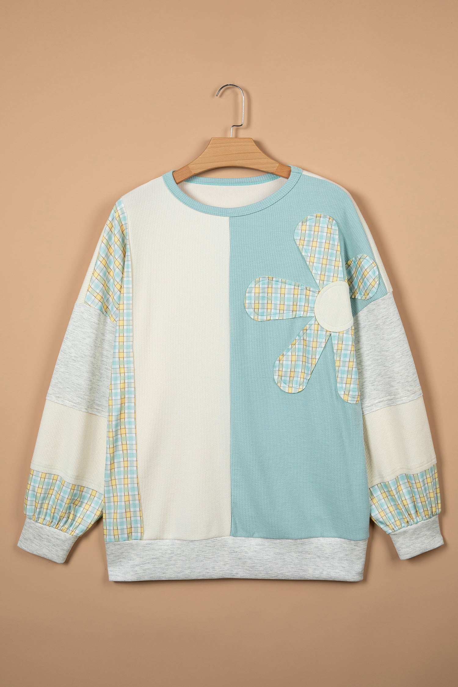 Plaid Patchwork Flower Round Neck Long Sleeve Top