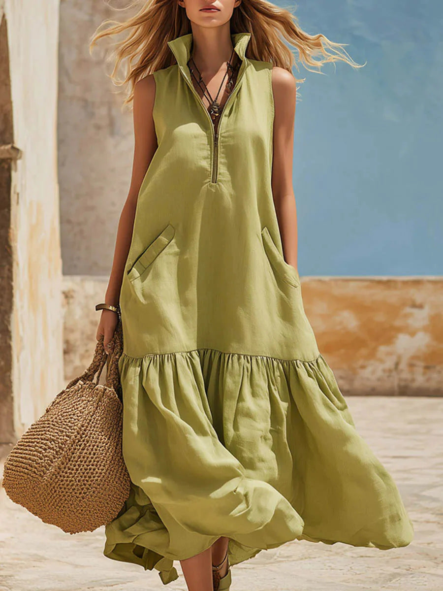 Women's Sleeveless Midi Resort Dress with Zipper Detail - Image 6
