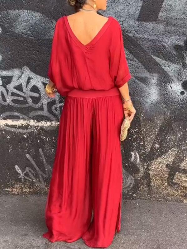 Solid Color Chiffon Two-Piece Set with V-Neck Top and Trousers - Image 8