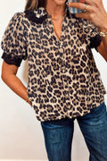 Leopard Lace Trim Short Sleeve Buttoned Shirt