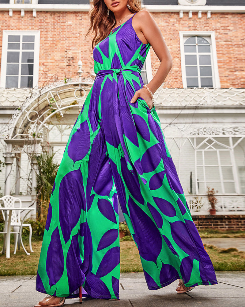 Green Printed Casual Lace-Up Jumpsuit - Comfortable One-Piece