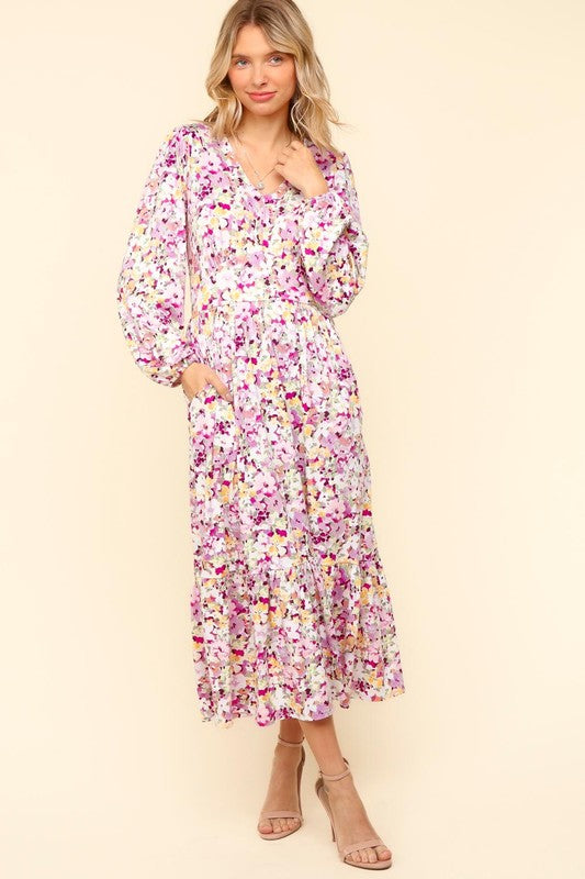 Lilac Floral V-Neck Long Sleeve Dress with Side Pockets