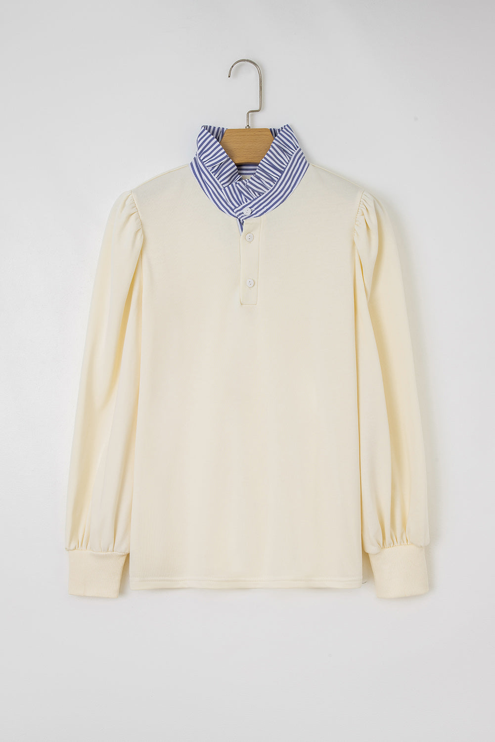 White Striped Patchwork Puff Sleeve Button Collar Sweatshirt