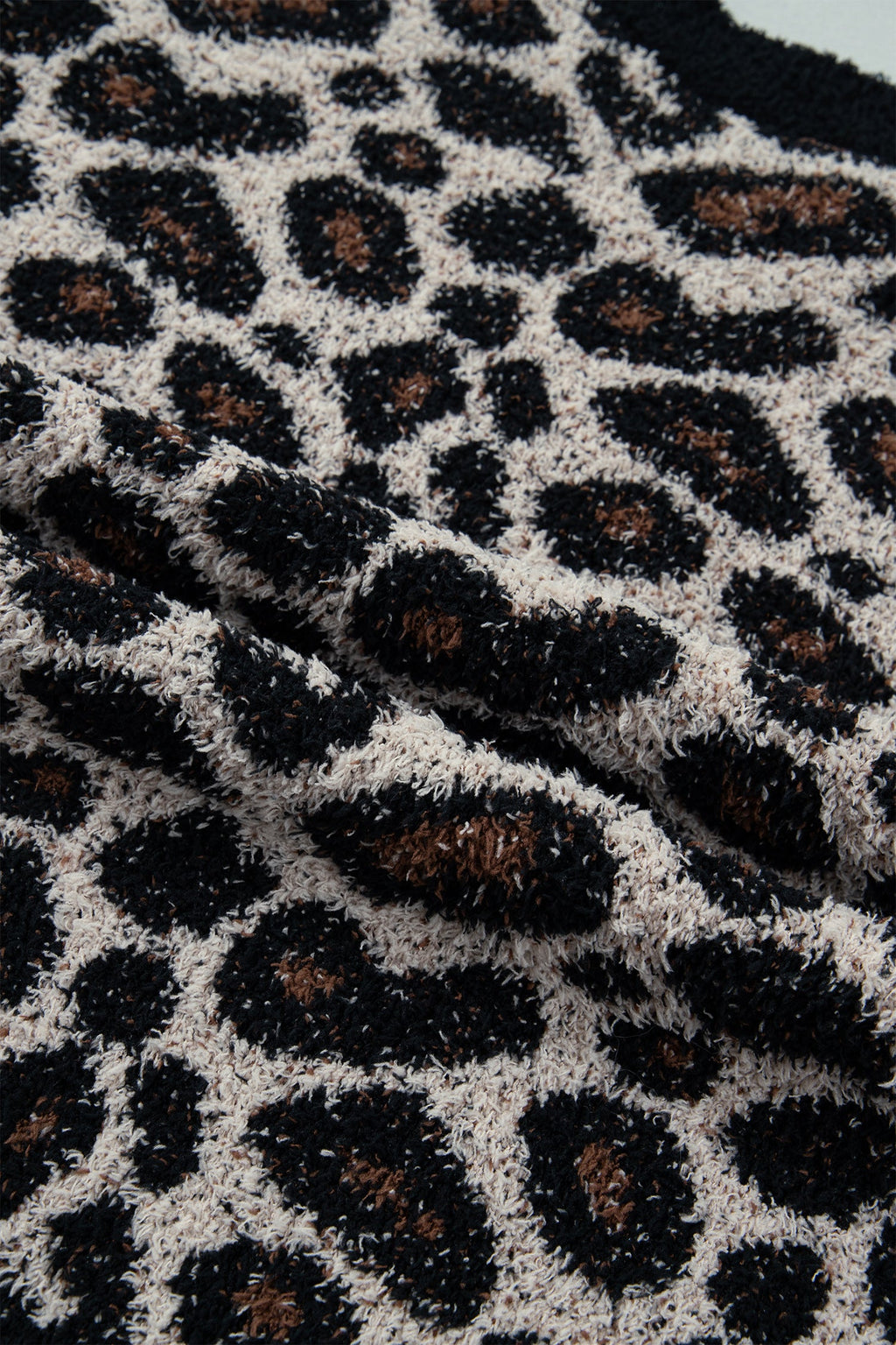 Leopard Star Patchwork Round Neck Fuzzy Sweater
