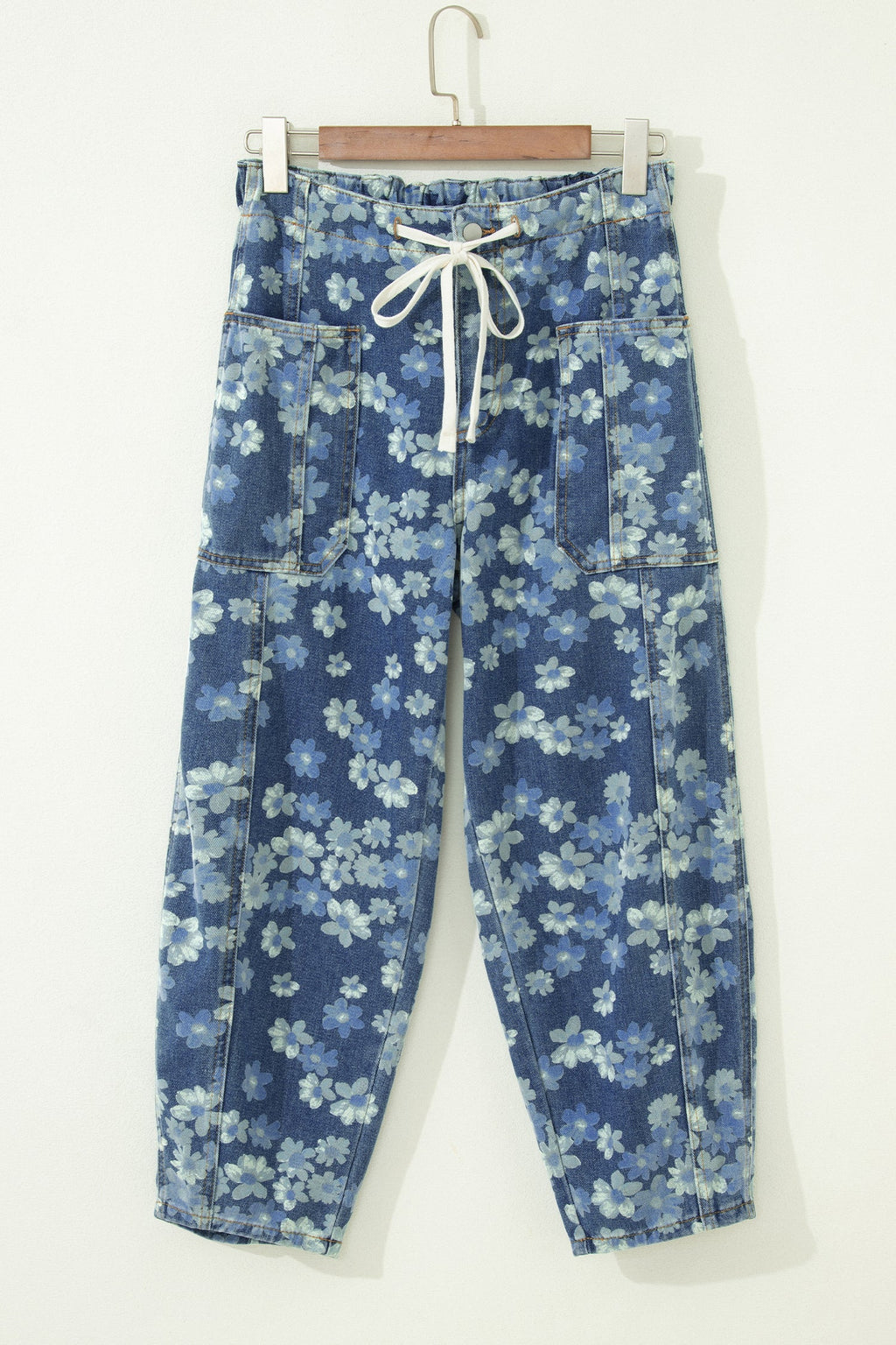 Sky Blue Dainty Floral Print Barrel Leg Drawstring Jeans