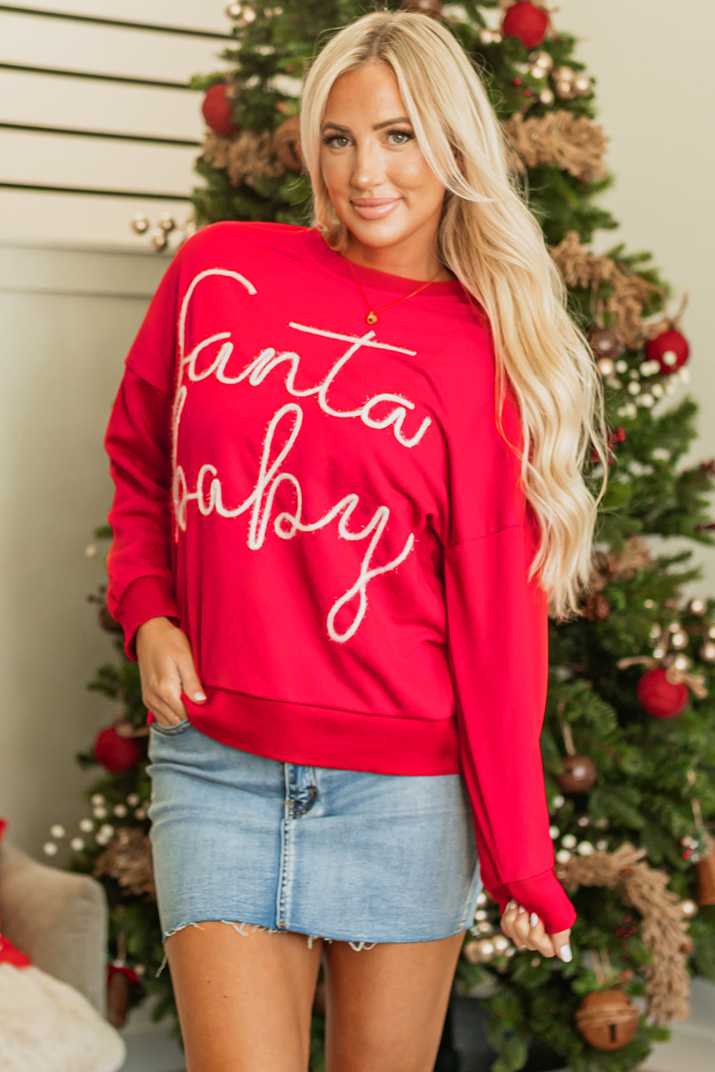 Women's Red Santa Baby Graphic Sweatshirt Festive Holiday Top - Image 4