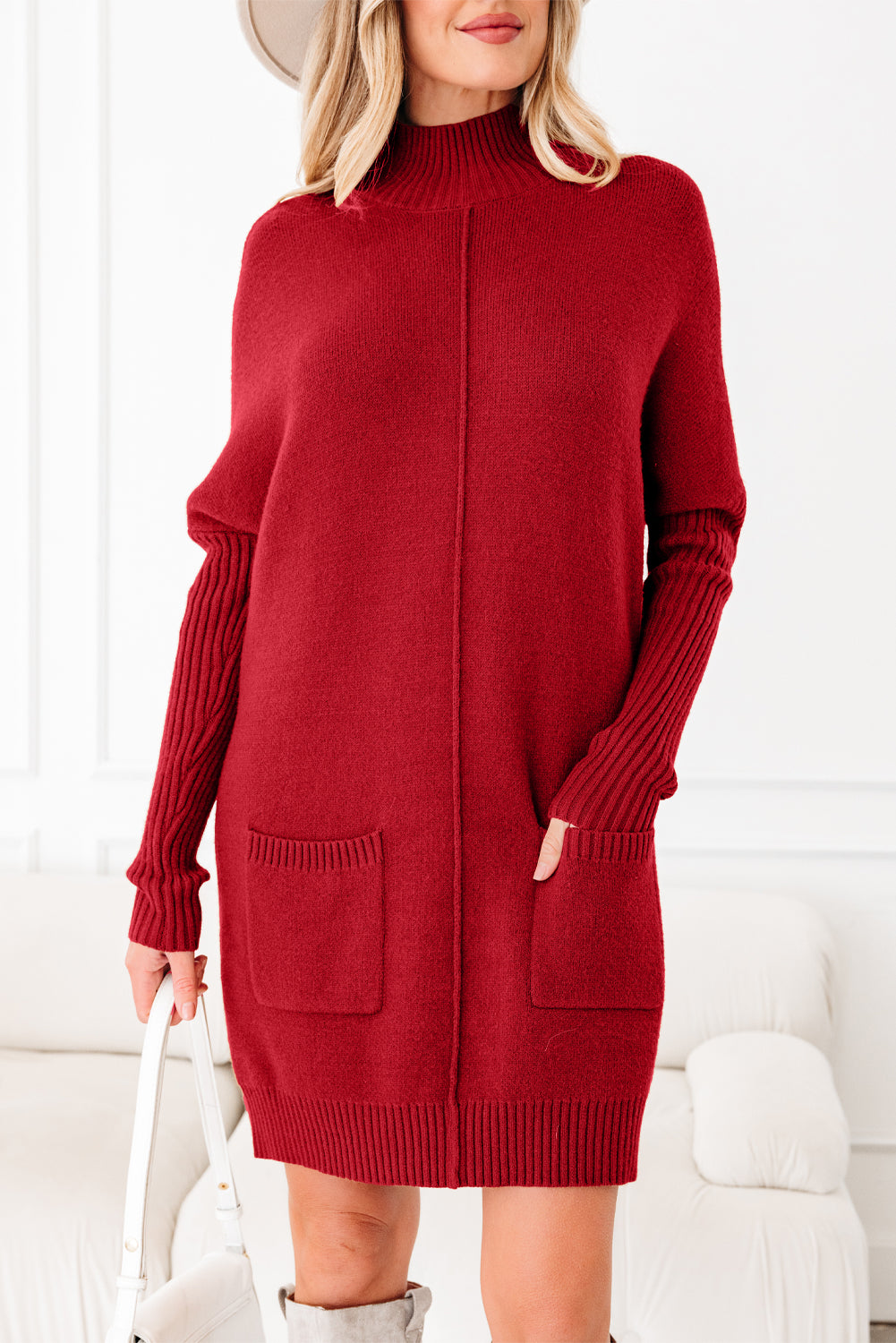 Women's Ribbed Mock Neck Sweater Dress in Brown and Red