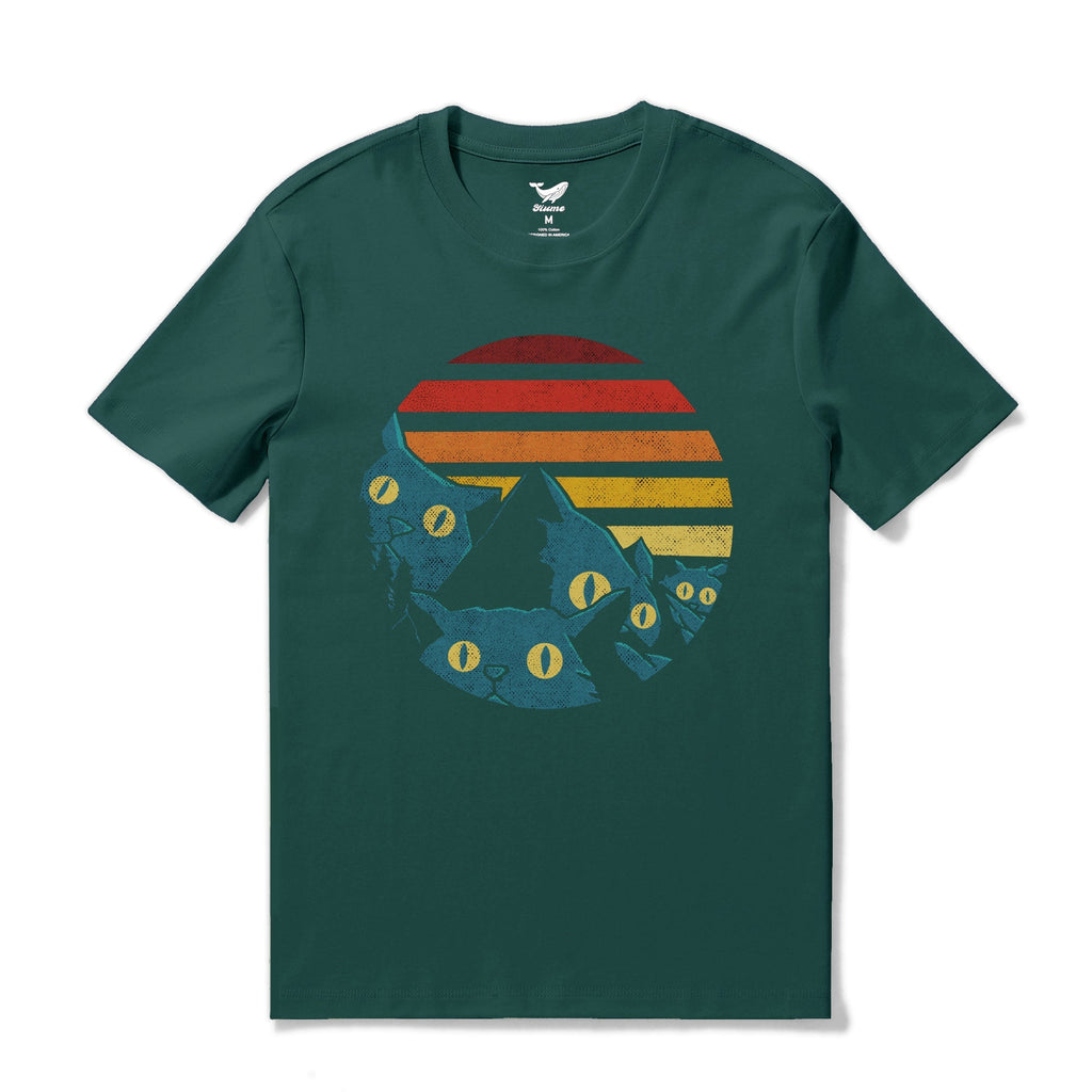 Men's dark green vintage graphic tee featuring a cat illustration and retro colorful stripes, 100% cotton crew neck.