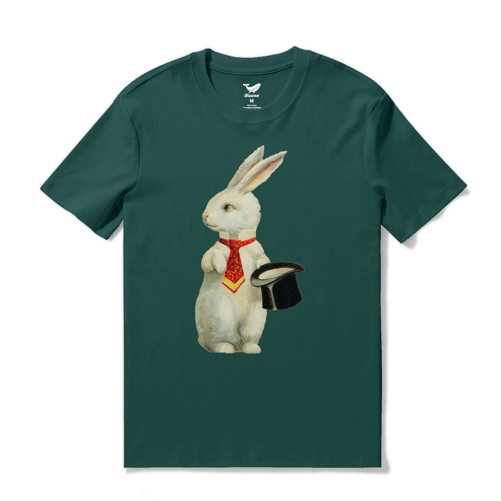 Dark green crew neck t-shirt featuring a vintage postcard graphic of a rabbit