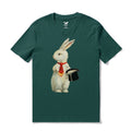 Dark green crew neck t-shirt featuring a vintage postcard graphic of a rabbit