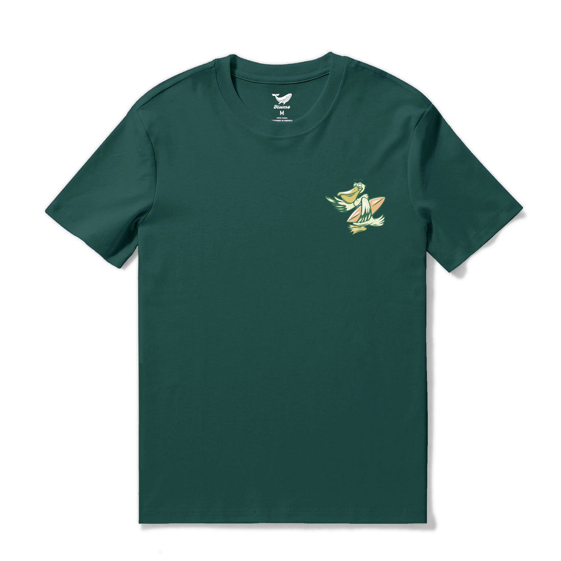 Dark green t-shirt with a pelican in paradise graphic reading More Surf Less Work