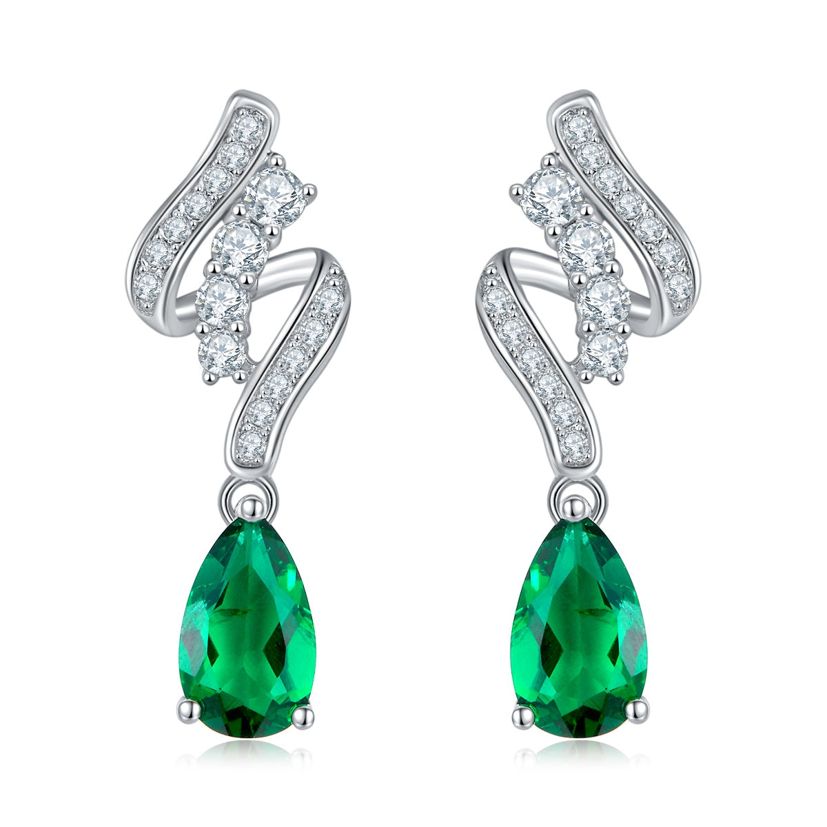 S925 Silver 2.4g 1.52ct Lab-Created Emerald Drop Earrings, 8x5mm Pear Cut