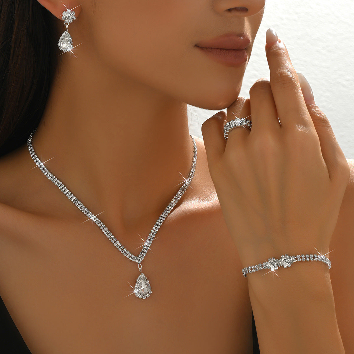 Women 4 Pcs Rhinestone Jewelry Set,Necklace Earrings Bracelet Ring,Elegant Bridal Costume Accessories For Wedding Party Occasion