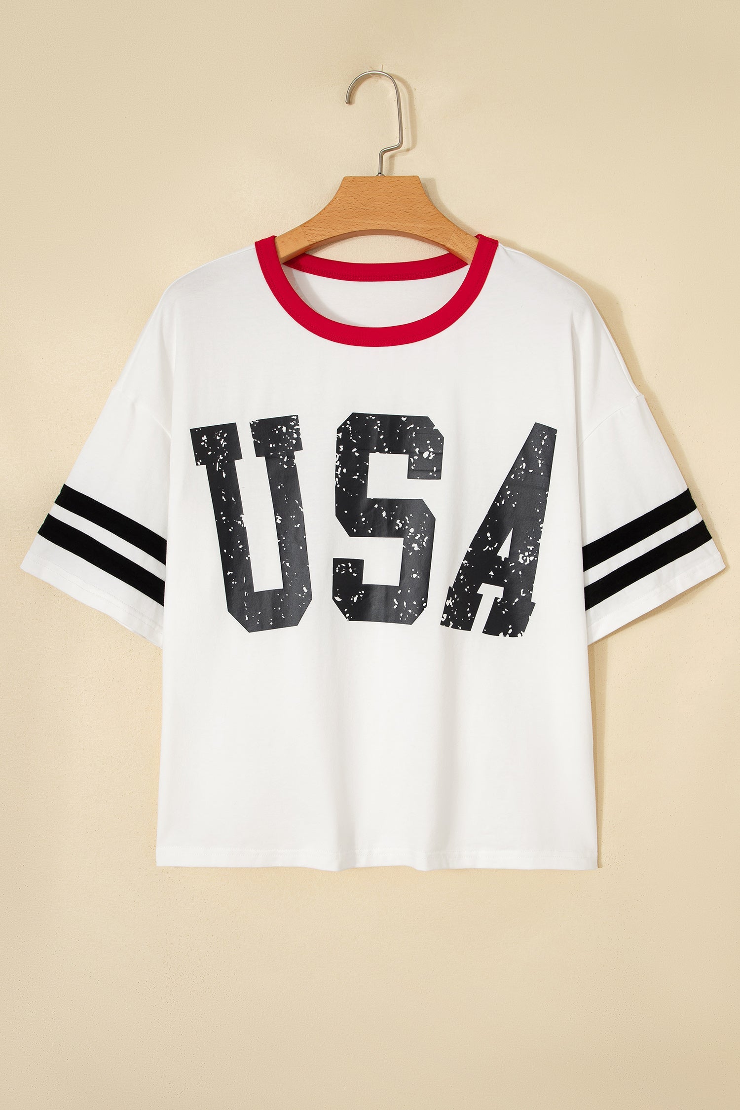 USA Varsity Stripe Trim Short Sleeve Cotton Tee - White Red Black