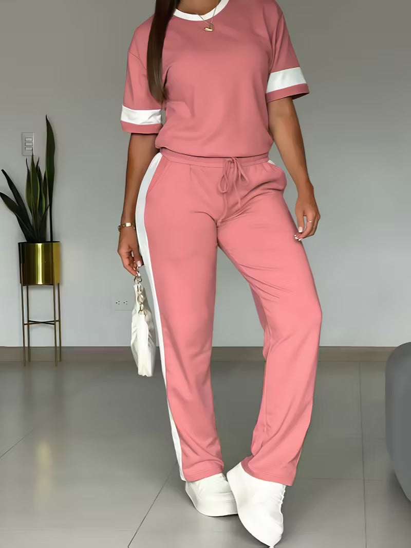Women's Short Sleeve Color-Block Contrast 2-Piece Pants Set