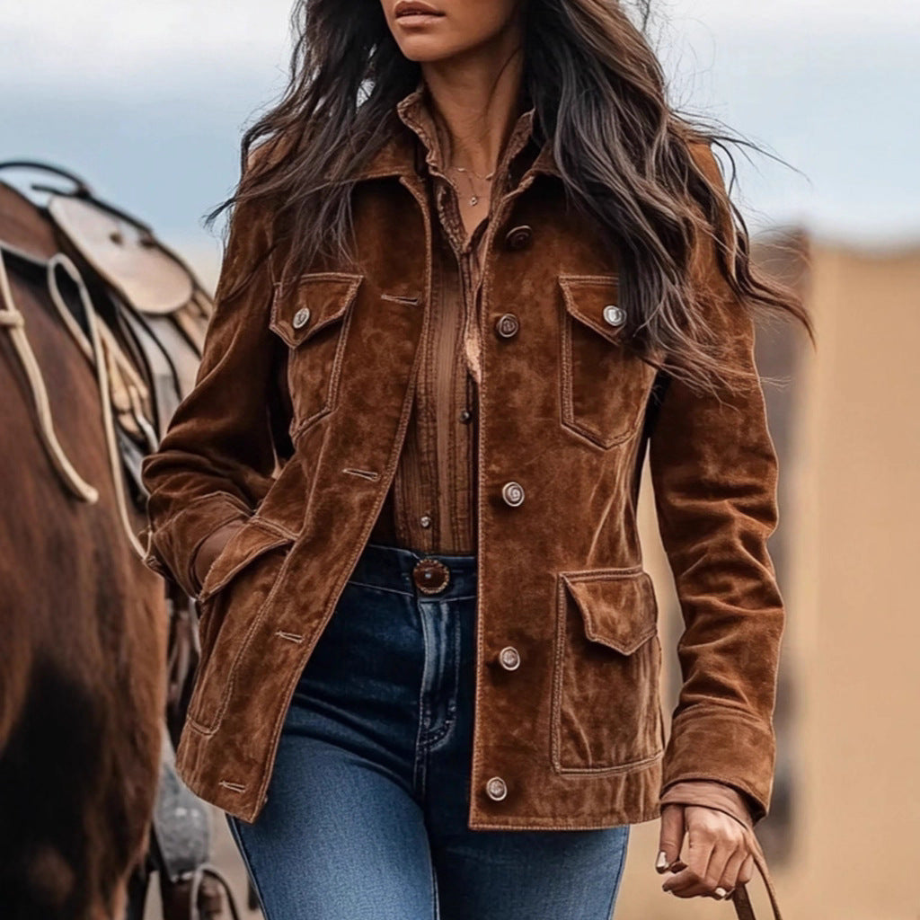 Women’s Retro Suede Multi-Pocket Short Jacket in Brown - Image 2