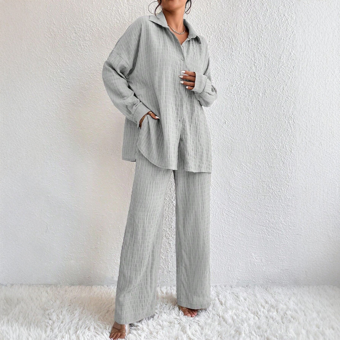 Women's Pleated Long Sleeve Lapel Two-Piece Set Loose Fit - Image 3