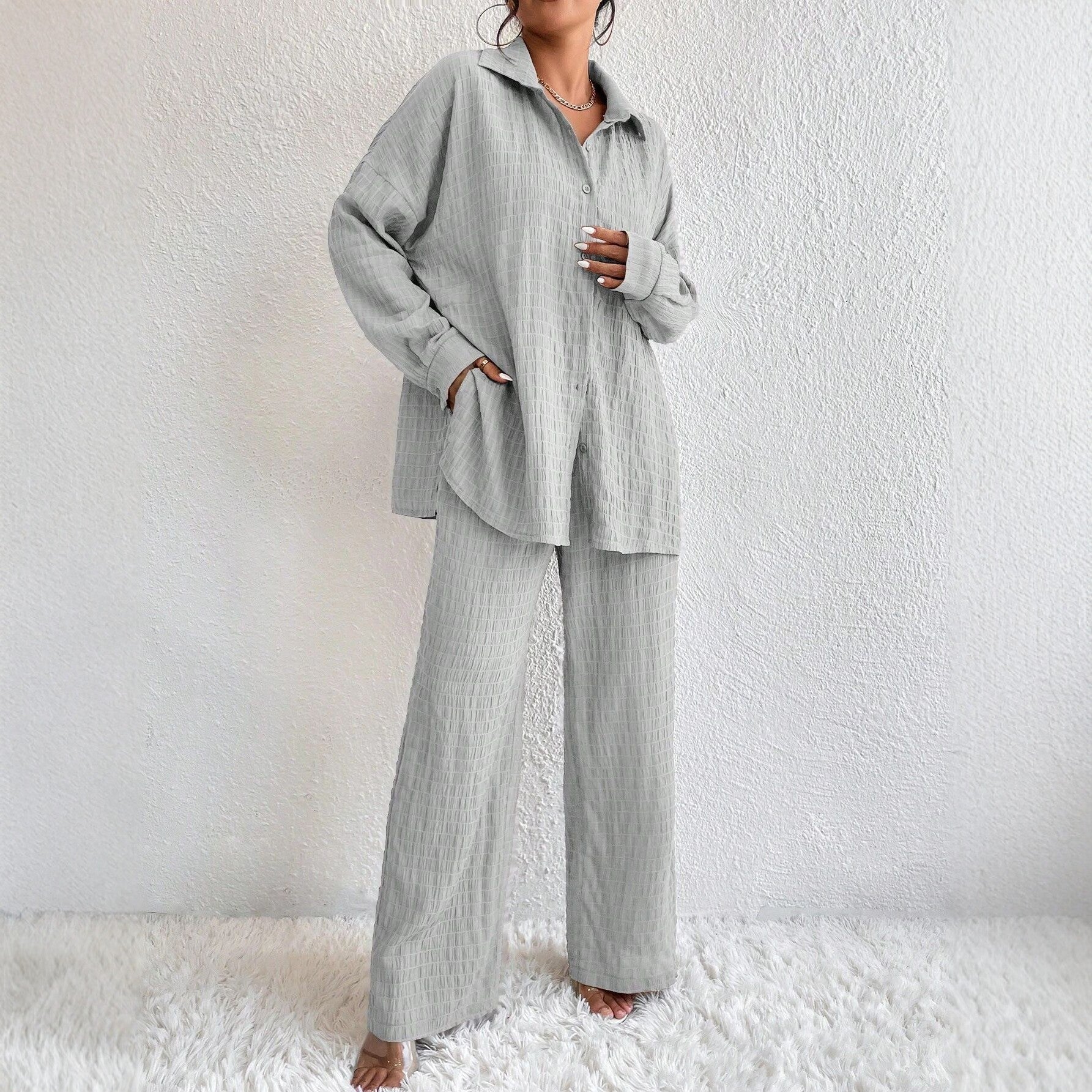 Women's Pleated Long Sleeve Lapel Two-Piece Set Loose Fit - Image 3