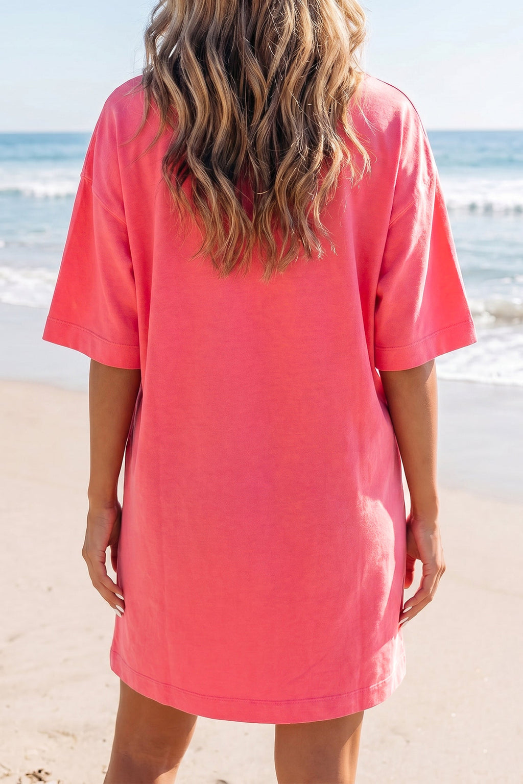 Coral Paradise Drop Shoulder Loose Casual T Shirt Mini Dress