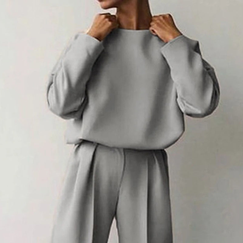 Women’s Solid Color 2-Piece Long Sleeve Top and Pleated Pants Set - Image 4