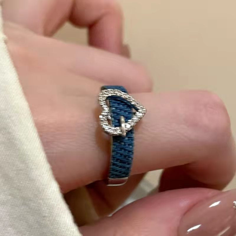 Sweet Cool Denim Texture Heart Zircon Ring, Dainty Light Luxury Jewelry For Women