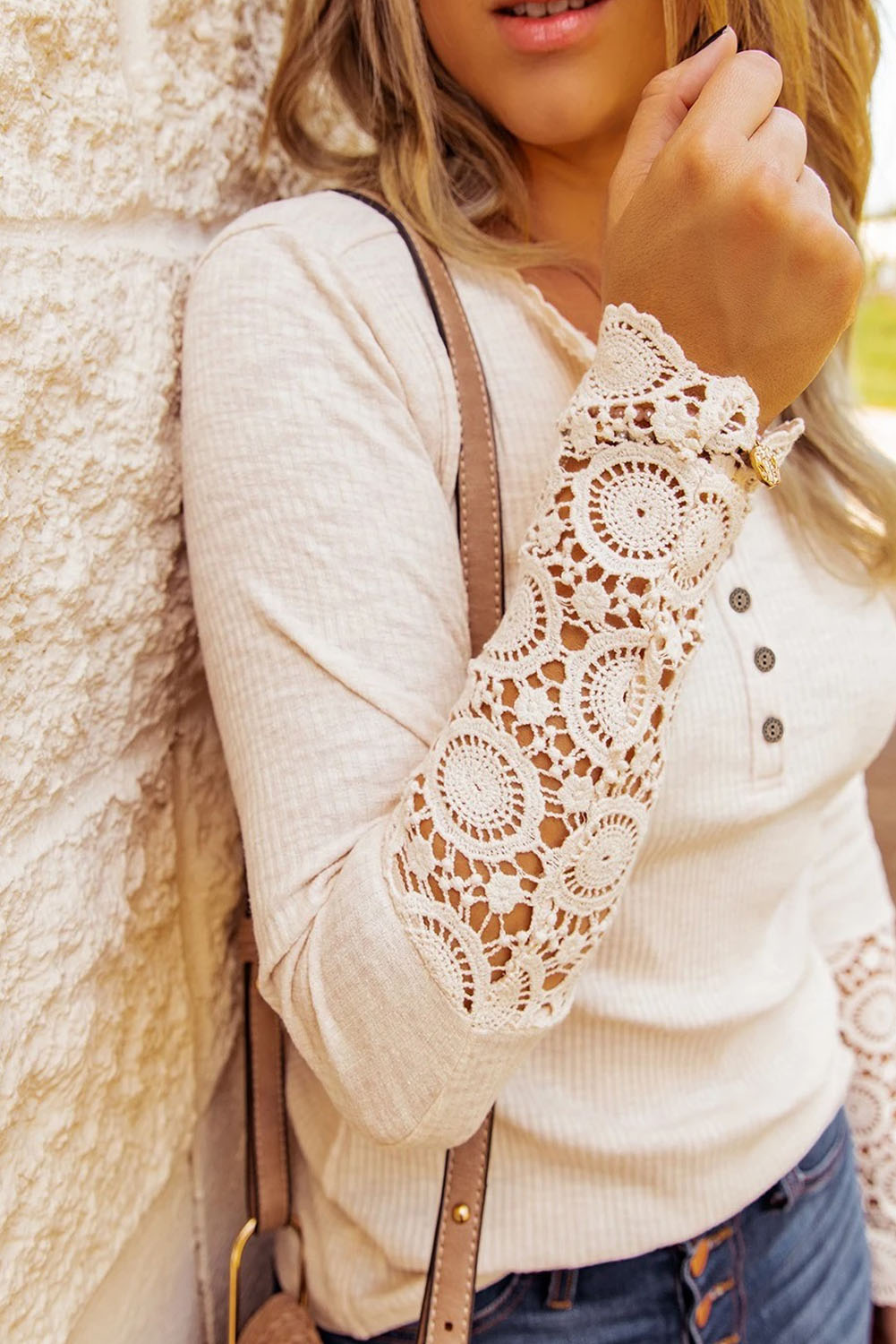 Crochet Lace Hem Sleeve Half-Button Top