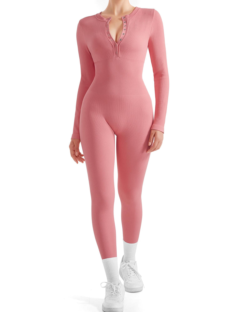 SUUKSESS Women Long Sleeve Ribbed Workout Jumpsuit Seamless One Piece V Neck Button Down Yoga Jumpsuits (PinkL)