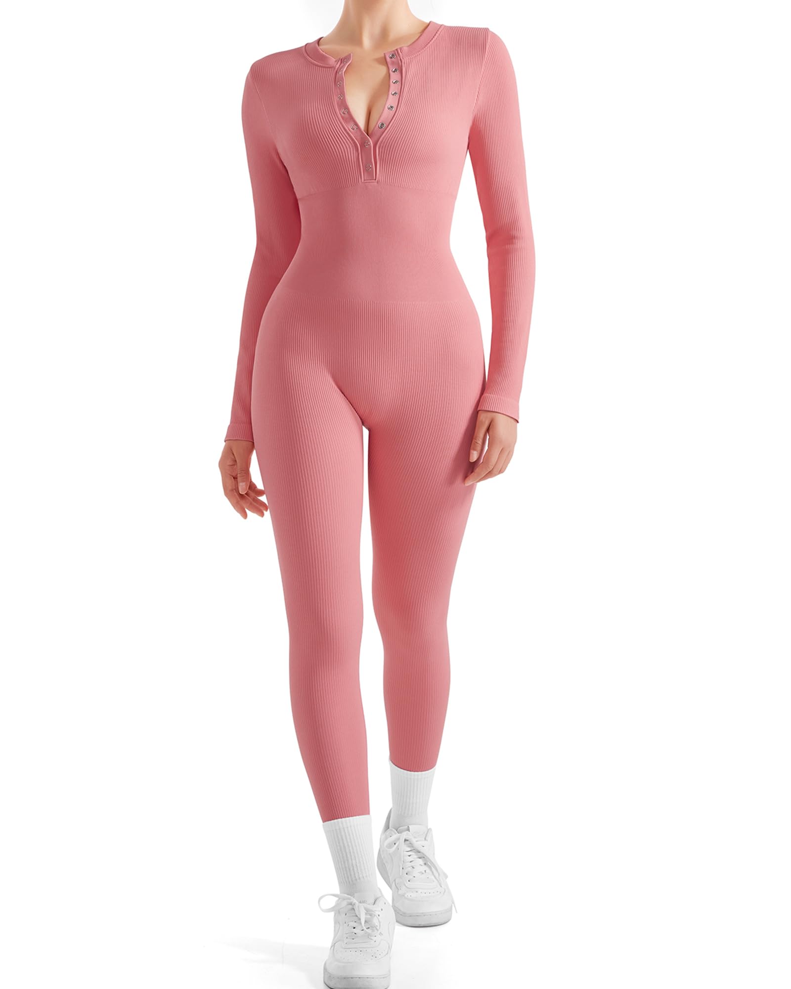 SUUKSESS Women Long Sleeve Ribbed Workout Jumpsuit Seamless One Piece V Neck Button Down Yoga Jumpsuits (PinkL)