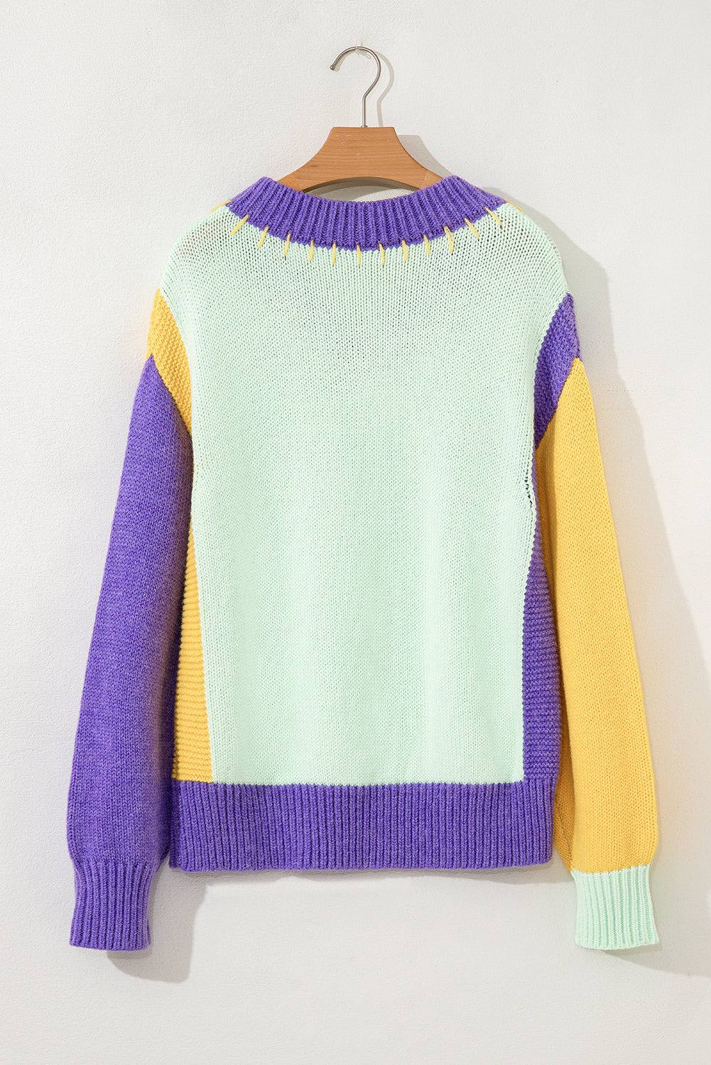 Colorblock Stitched V-Neck Drop Shoulder Sweater