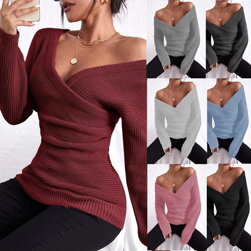 Women's Off-Shoulder Crossover Knit Sweater Long Sleeve Slim Fit - Image 5