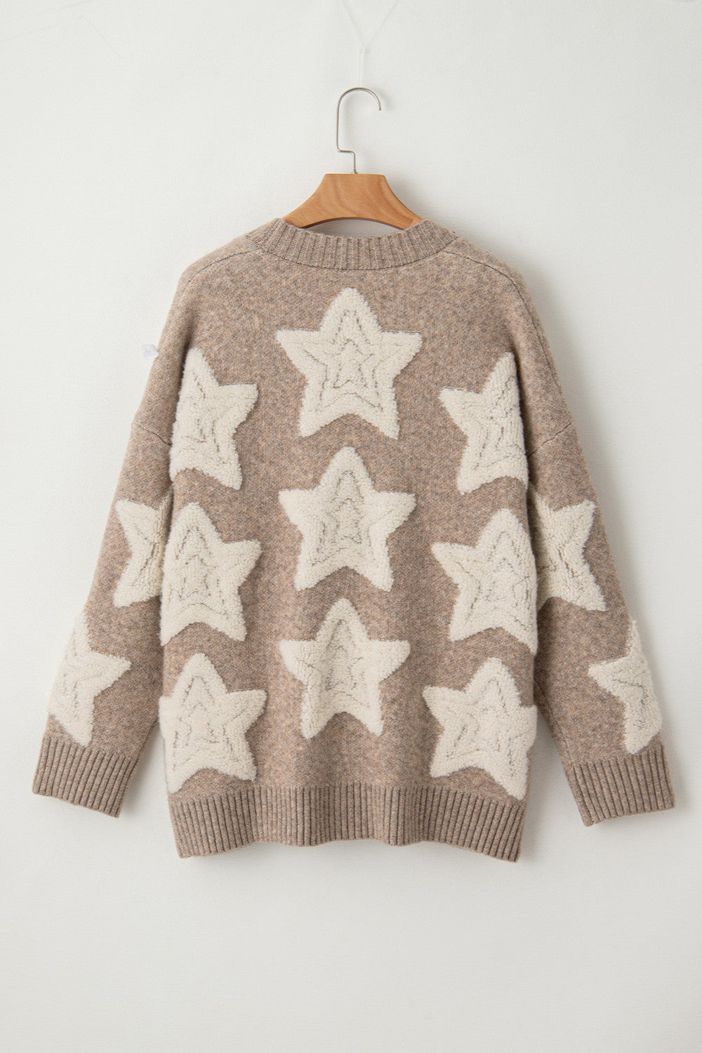 Women's Star Pattern Button-Up Cardigan in Taupe and Cream - Image 8