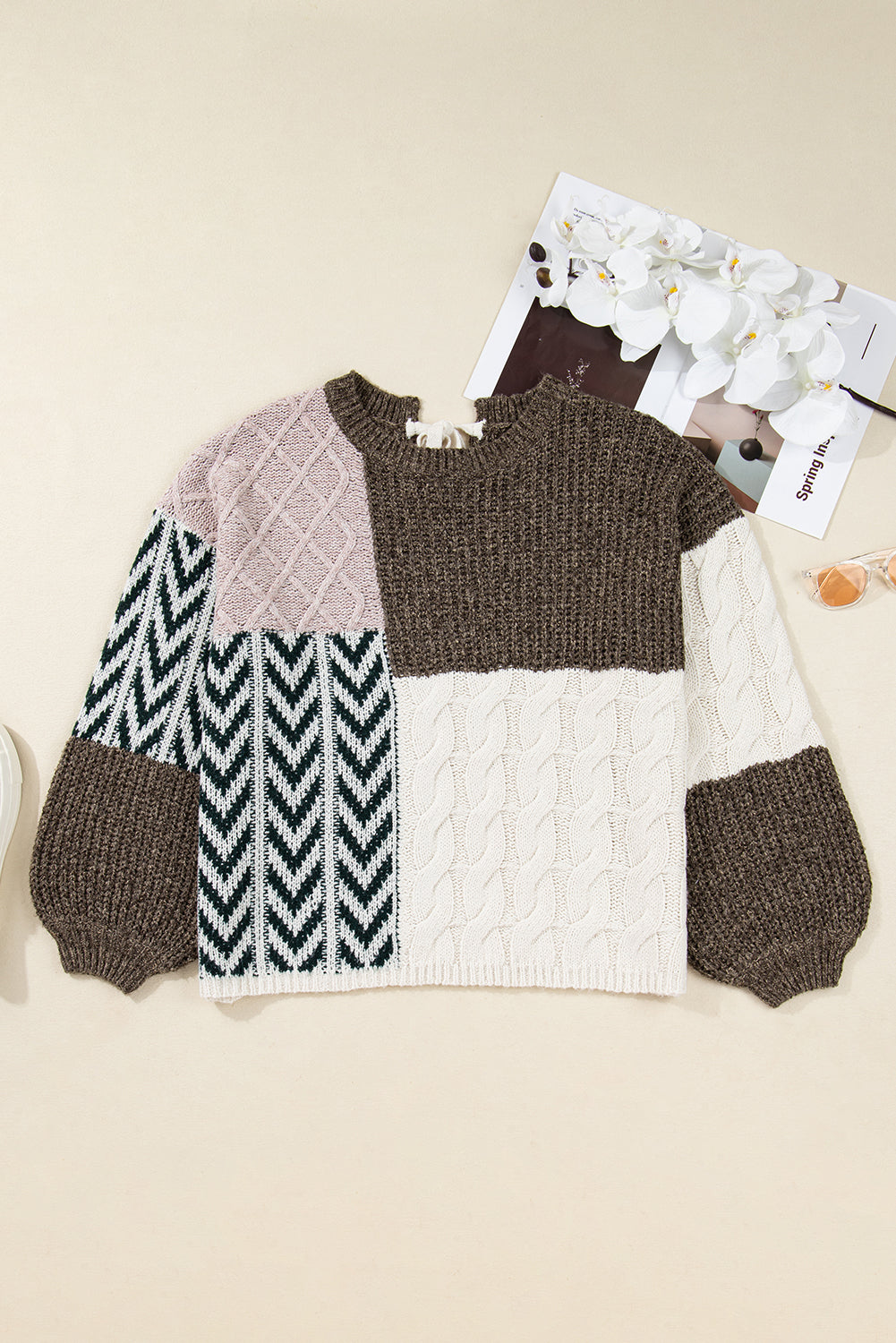 Plus Size Colorblock Cable Knit Tie Back Sweater