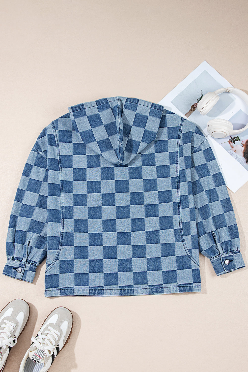 Sky Blue Checkerboard Zipped Collar Denim Hoodie