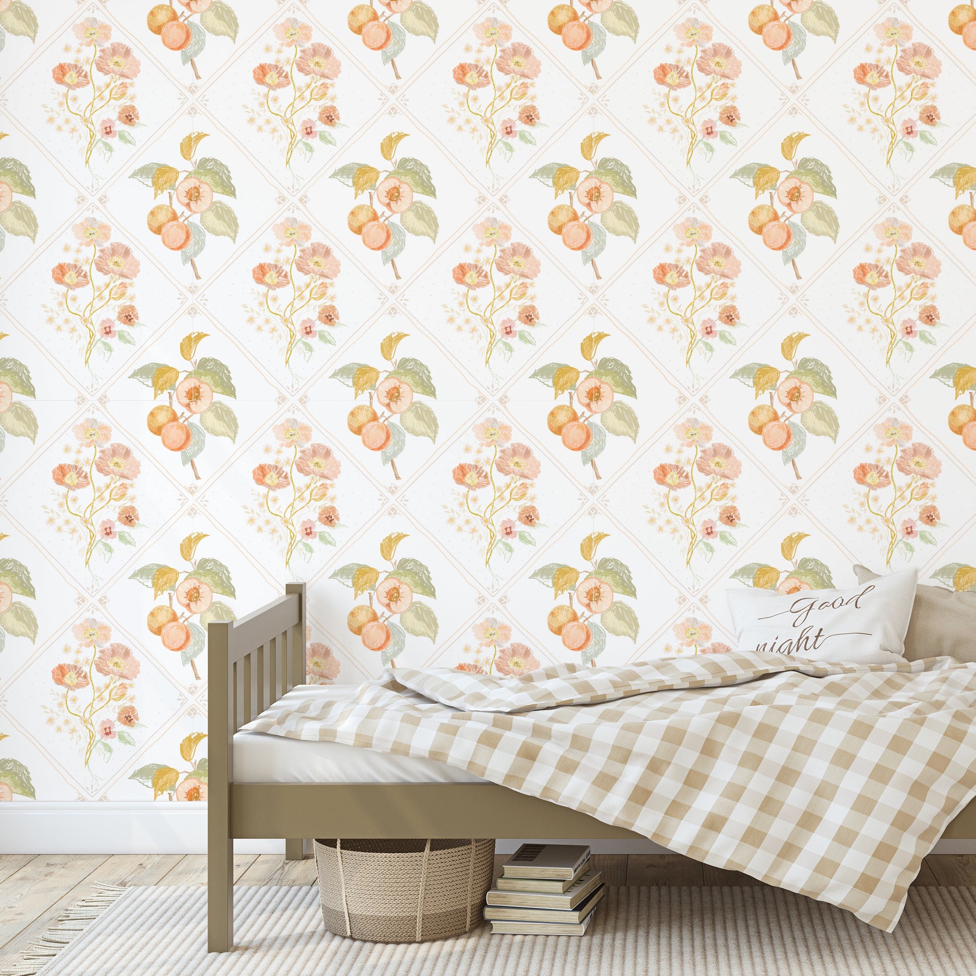 Ingrid Floral Removable Wallpaper in White, Peach and Sage-Green
