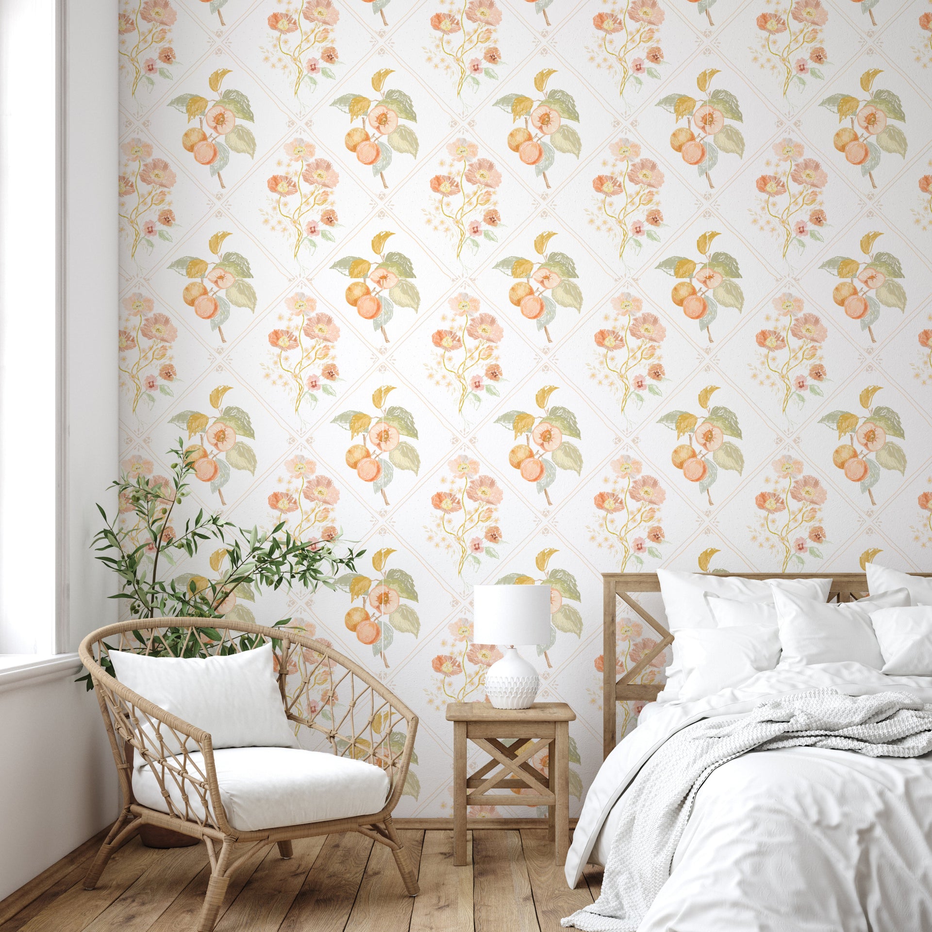 Ingrid Floral Removable Wallpaper in White, Peach and Sage-Green