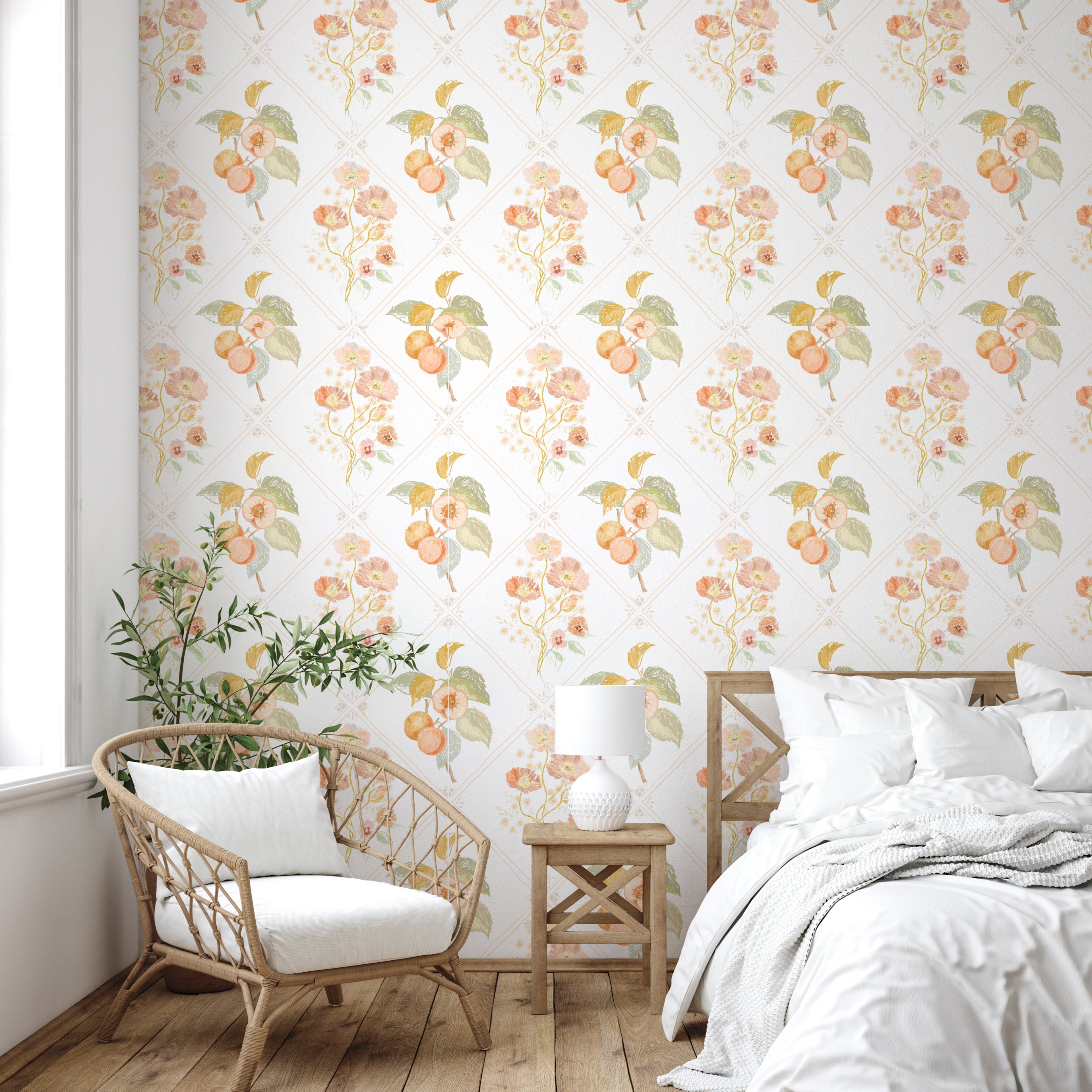 Ingrid Floral Removable Wallpaper in White, Peach and Sage-Green