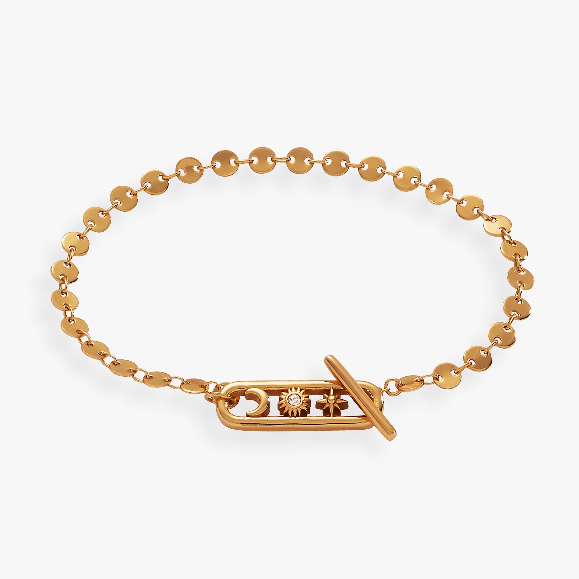 Mariner chain bracelet with celestial opal sun, gold star, and crescent moon charms and a toggle closure.