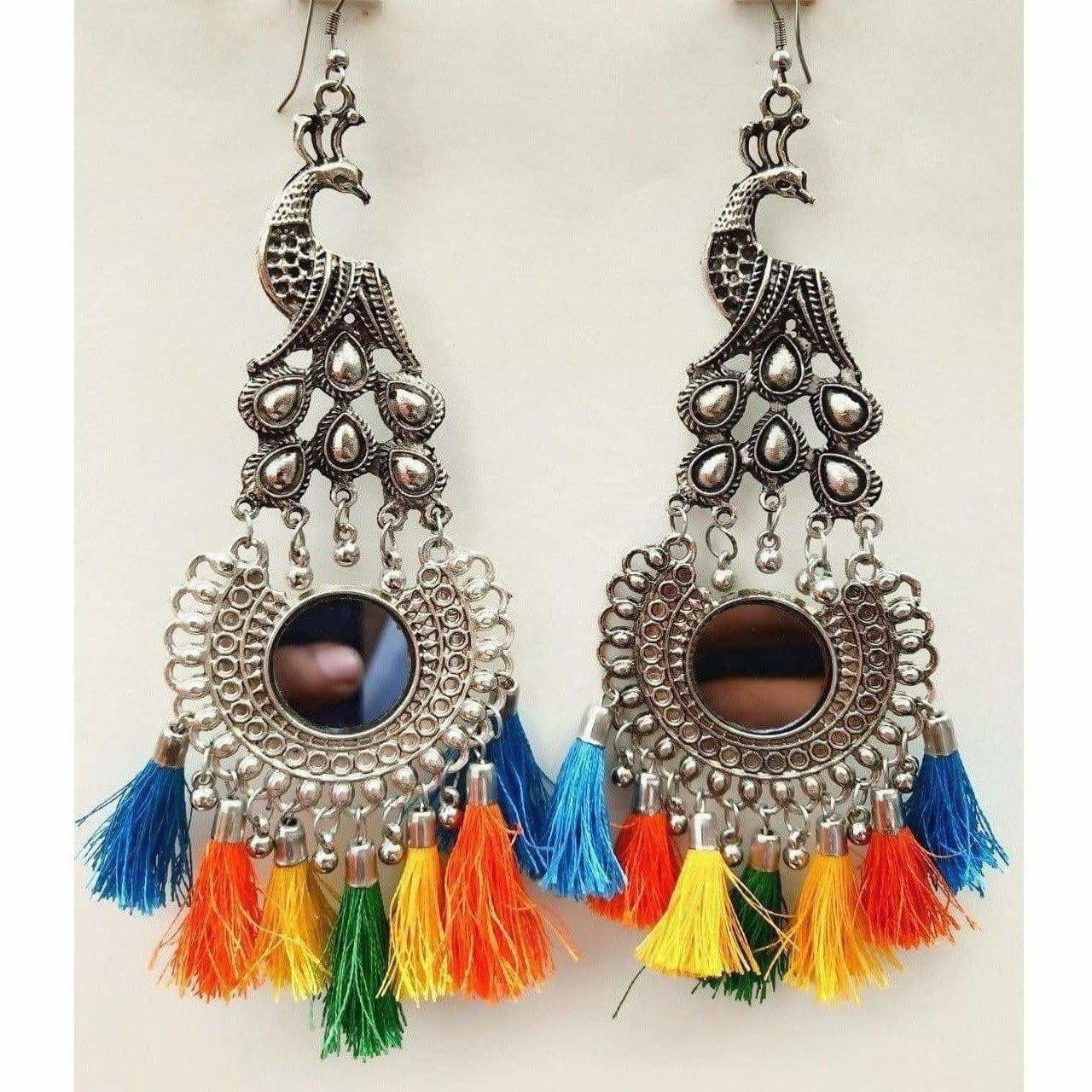 Peacock design Chandbali earrings with silk thread and mirror work for parties