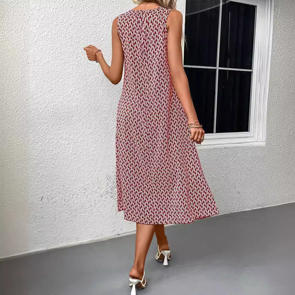 Geometric Print Sleeveless Midi Dress, Relaxed Fit Shift Dress