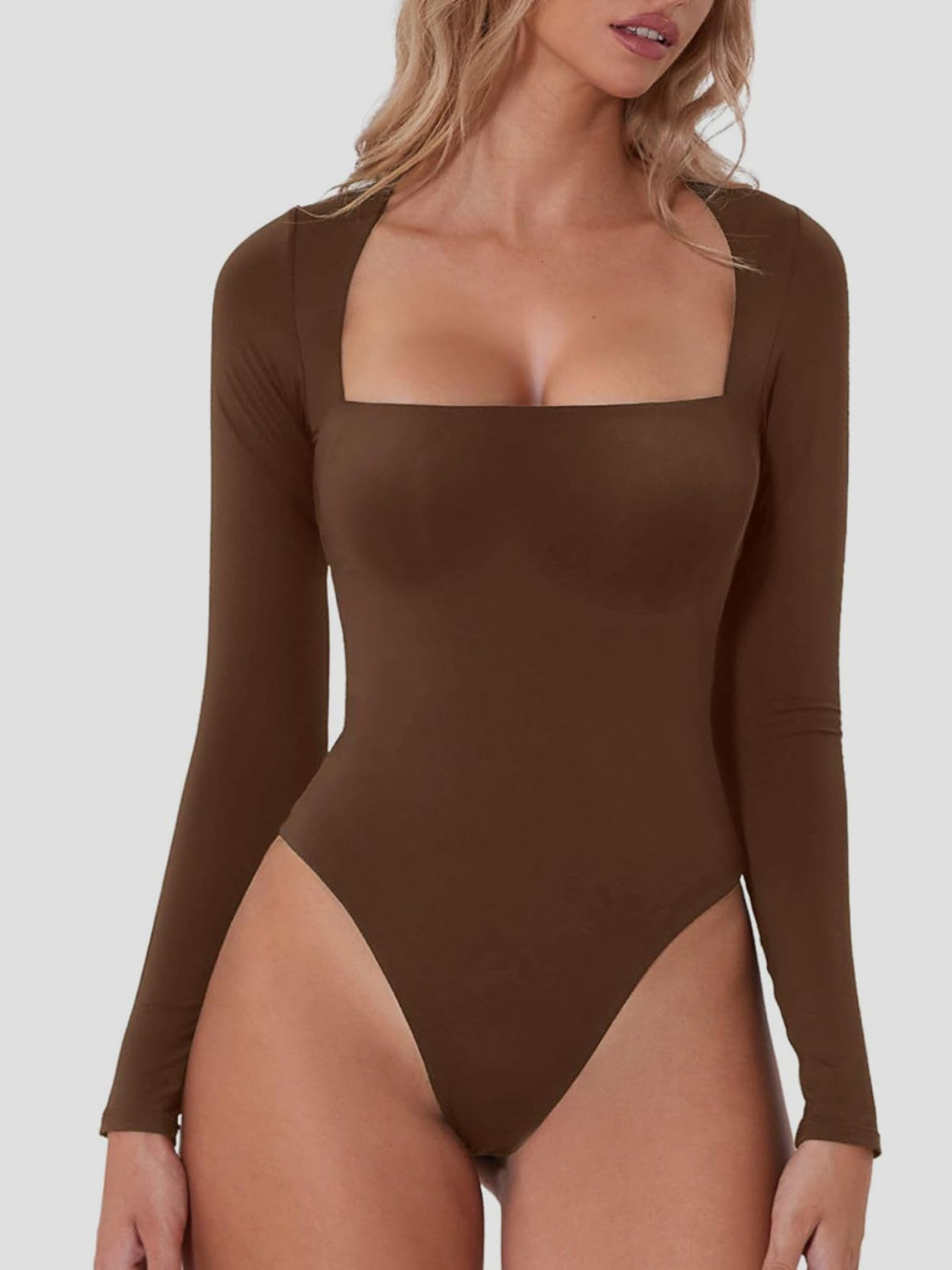 Women's Black Long Sleeve Square Neck Bodysuit Basic Slim Fit - Image 12