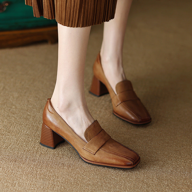 Women's Square Toe Chunky Heel Sheepskin Pumps Retro Dress Shoes - Image 7