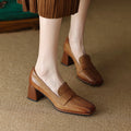Women's Square Toe Chunky Heel Sheepskin Pumps Retro Dress Shoes - Image 7