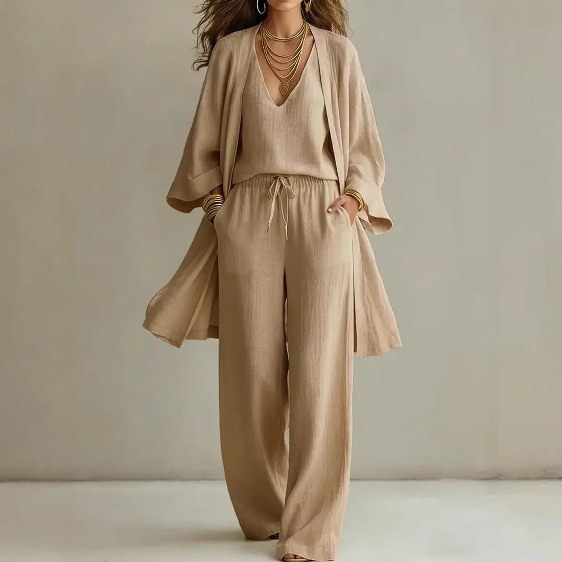 Women's 3-Piece V-Neck Cardigan, Vest and Wide Leg Pant Set - Image 2
