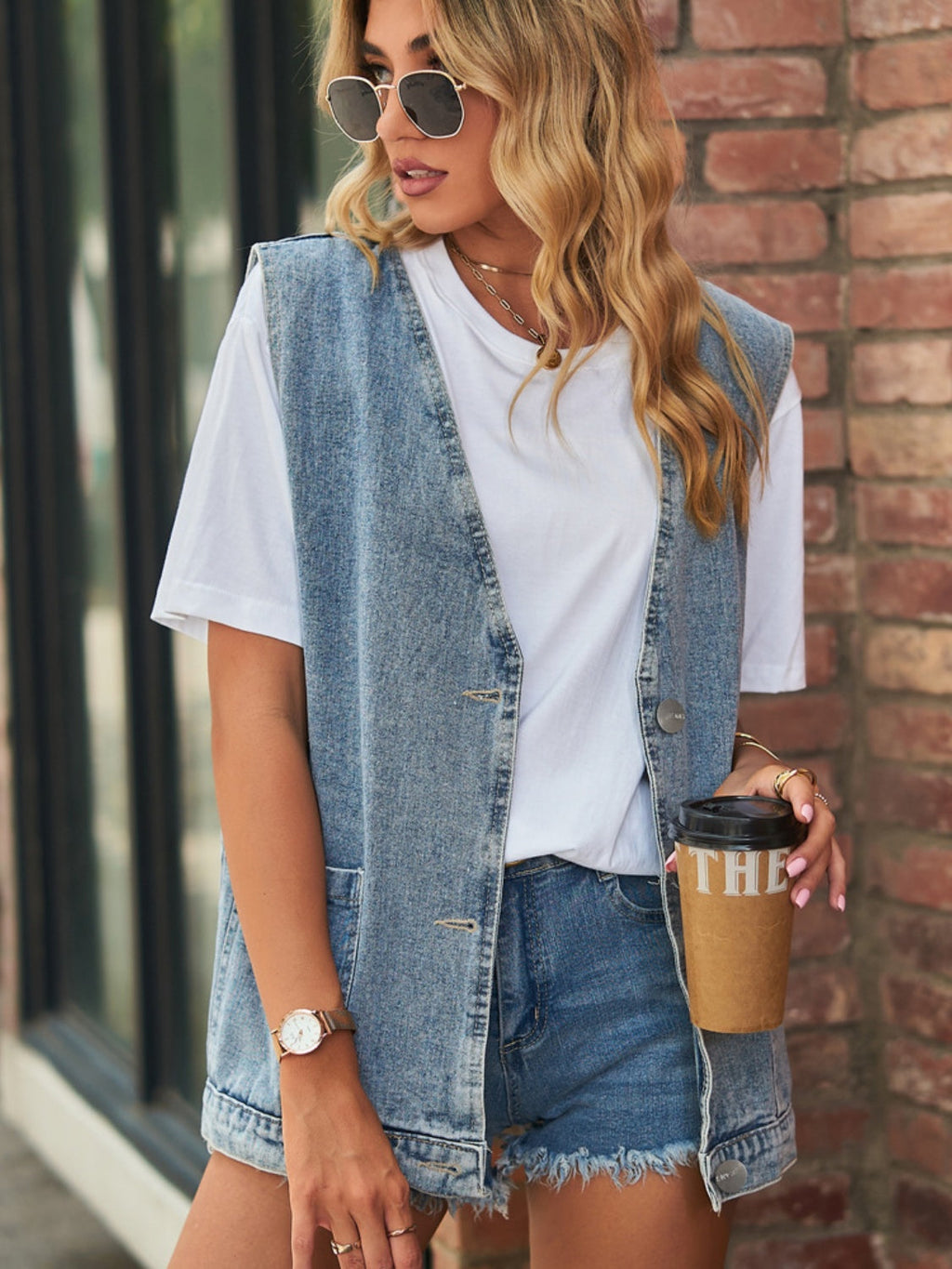 V-Neck Button Up Denim Vest | Rayon Blend