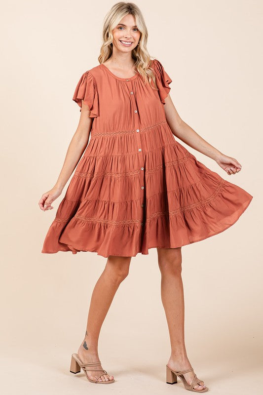 Lace Detail Ruffled Tiered Button Down Dress in Rust