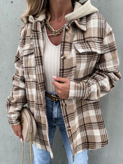 Camel plaid button-up jacket with a versatile removable hood.
