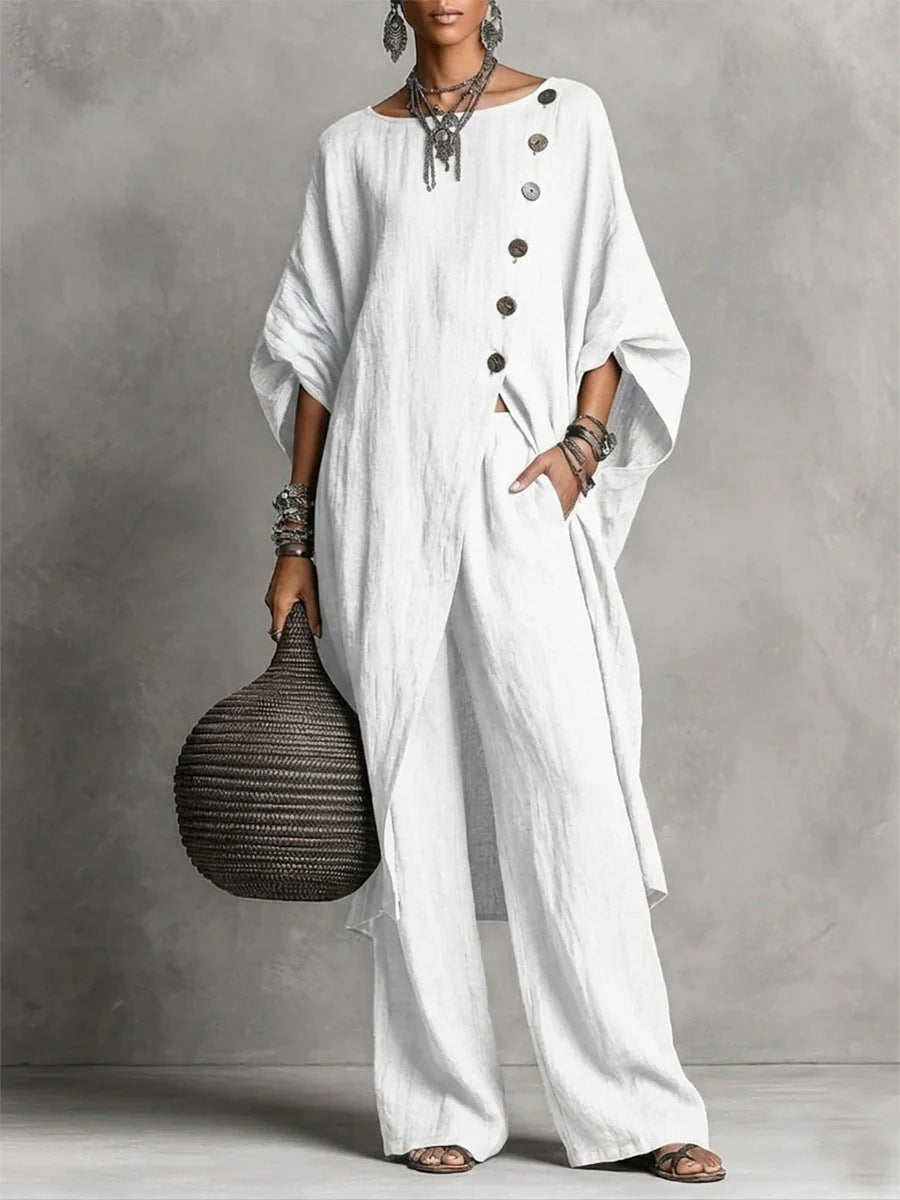 Women's Drop Shoulder Irregular Hem Tunic and Wide Leg Pants Set - Image 13