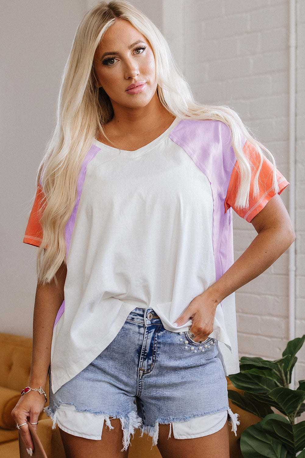 Beige Colorblock Patchwork V-Neck High-Low T-Shirt